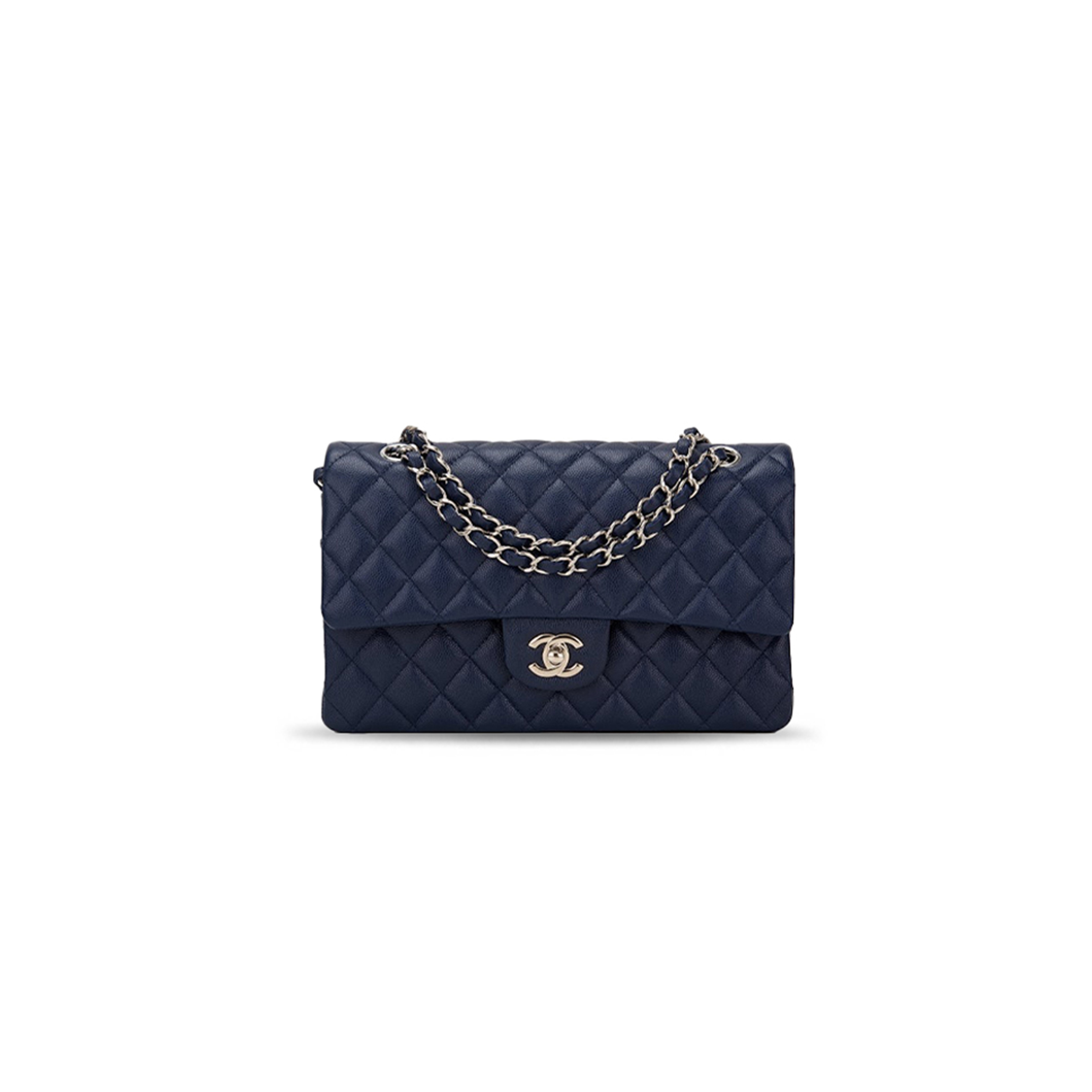CHANEL CLASSIC DOUBLE FLAP QUILTED CAVIAR SILVER-TONE MEDIUM NAVY BLUE A01112 (25.5*15.5*6.5cm)